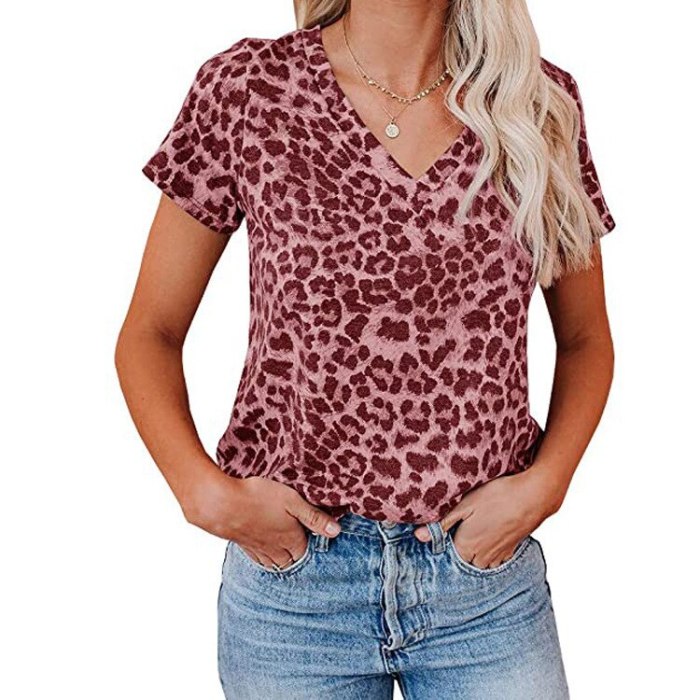 Women Sexy Leopard Print Slim Fit V-Neck T-Shirt Women Top Fashion New Summer Camouflage Short Sleeve T-Shirt All-Match Tops 3XL