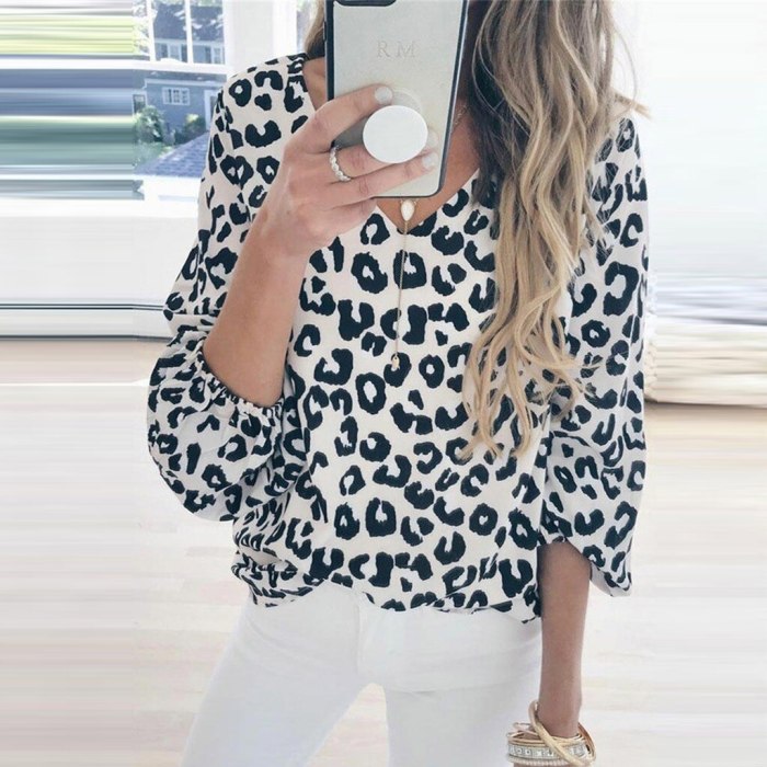 Woman Blouse Long Lantern Sleeve Leopard Print V Neck Tee Casual Popular Blouse Office Ladies Shirts Blusas Mujer De Moda 2020