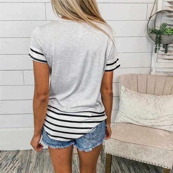 Leopard Print Stripe Patchwork Pocket O-neck Short Sleeve Tunic Tops Women Summer Casaul Loose Plus Size Tshirt Female Tee Shirt