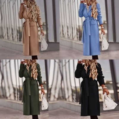 2021 Women Jacket New Slim OL Lapel Jacket Brown Long Winter Woolen Coat Long Sleeve Large Size Streetwear