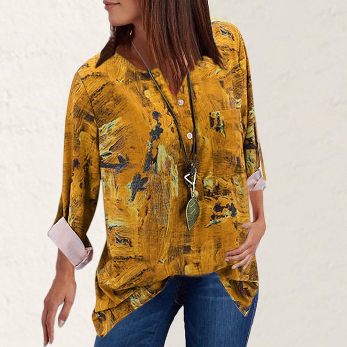 Women Tops Plus Size Casual Vintage Printed V-Neck Long Sleeves Turndown Collar T-Shirt Tops Women Clothing ropa de mujer 2020