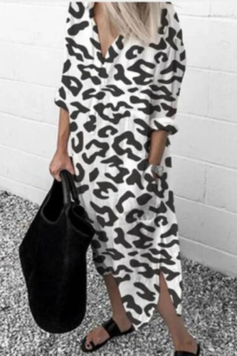 Leopard Long Dress For Women Autumn Thin Long Sleeve V-neck Chiffon Beach Clothes Split Loose Pocket Plus Size Shirt Dress