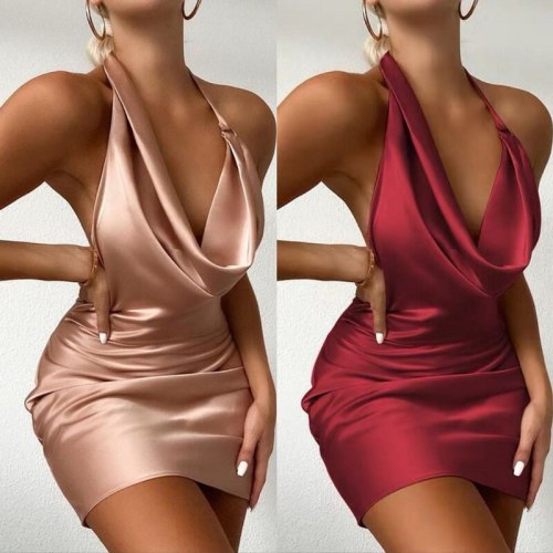 2021 Hot Sell New Summer Women Sexy Halter Deep V-Neck Sheath Sleeveless Backless Party Bodycon Elegant Neck-mounted Dress