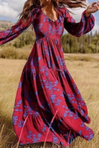 Maxi Dress for Women Plus Size Long Sleeve Print V Neck Puff Sleeve Empire A-Line Big Swing Dresses