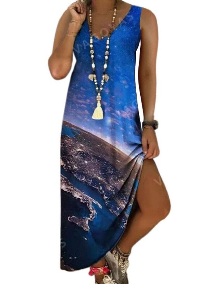 2021 Women Summer Long Dress Casual Printing Sleeveless Vestido Gradient Tie-dye Beachwear Plus Size Clothing 17 Colors