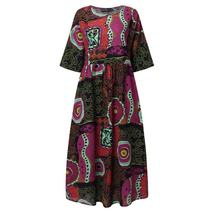 Summer Maxi Dress Women's Printed Sundress 2021 ZANZEA Fashion Casual Half Sleeve Long Vestidos Female Pleated Robe Oversized
