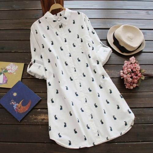 Cotton Rabbit Printed Loose Medium Length Shirt Dress 2020 Autumn Large Women's Dress Homewear Casual Long Shirt Dress