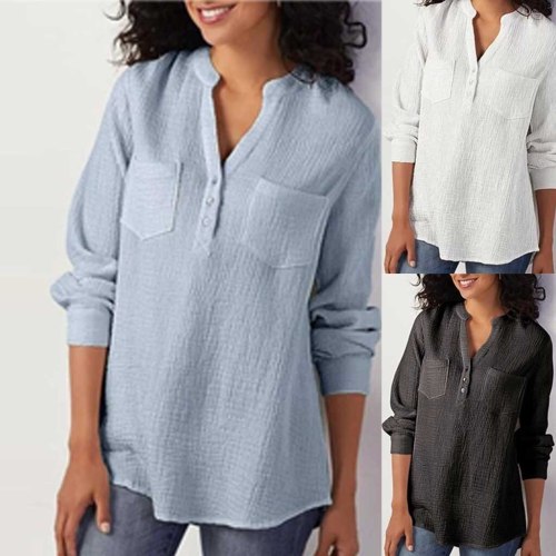 Women Sexy V-Neck Long Sleeve Solid Color Cotton Shirts Casual Plus Size Buttons Pockets Office Lady Bloues Shirt S-3XL