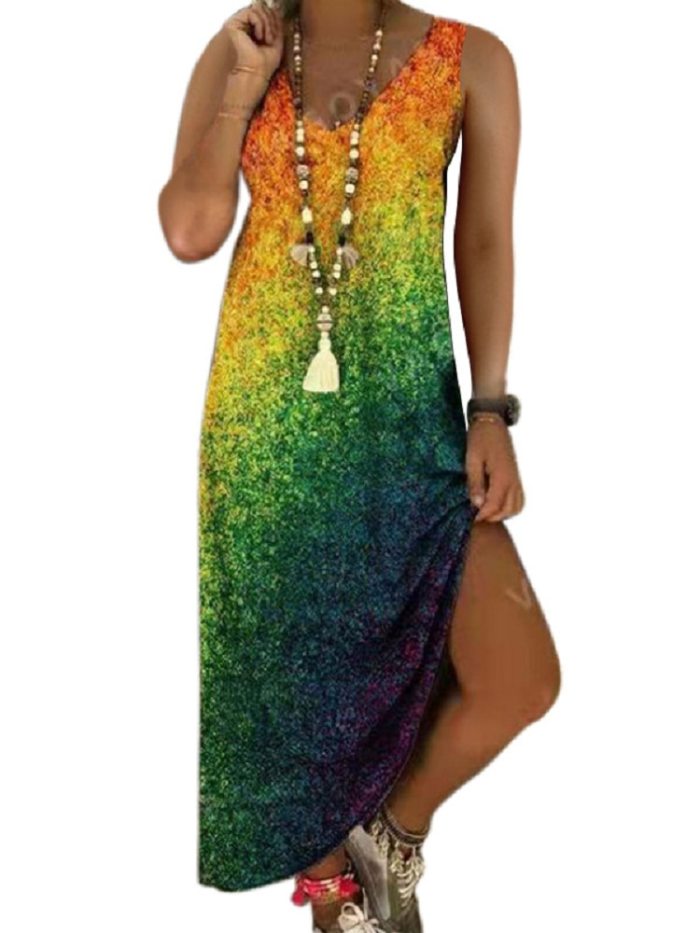 2021 Women Summer Long Dress Casual Printing Sleeveless Vestido Gradient Tie-dye Beachwear Plus Size Clothing 17 Colors