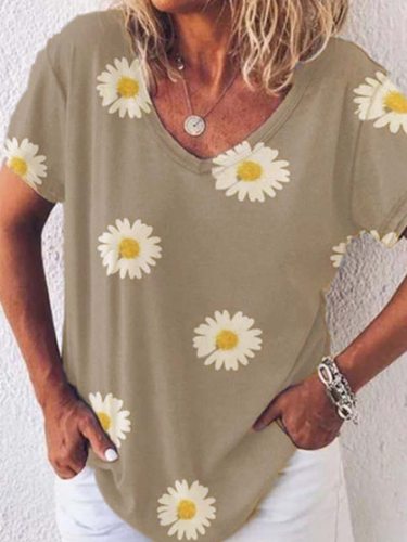 Popular Daisy V-neck Loose Casual Women's Short Sleeve T-shirt 5 Colors 6 Sizes