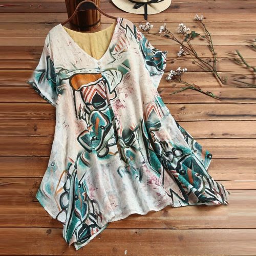 Blouse And Top Plus Size Women Ladies 5xl Short Sleeve Print Loose Blouse Pullover Tops Shirt Elegent Woman Clothing