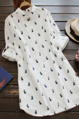 Cotton Rabbit Printed Loose Medium Length Shirt Dress 2020 Autumn Large Women's Dress Homewear Casual Long Shirt Dress