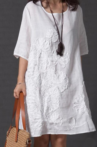 3xl Plus Size Dress Women Cotton Linen Casual Loose Shirt Dress Vintage Embroidery Female Half Sleeve Robe Vestidos Summer