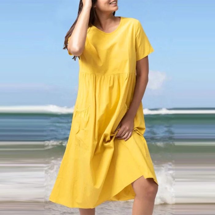 Beach Casual Short Sleeve Summer Pockets Sundress Baggy Vestidos ZANZEA Women Midi Robe O-Neck Solid Feminino Femme Plus Size