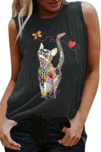 Womens Cute Cat Print Tanks Summer Sleeveless Loose S-3XL Vest Casual T-Shirt Female O-Neck Ropa Mujer Tee Clothes