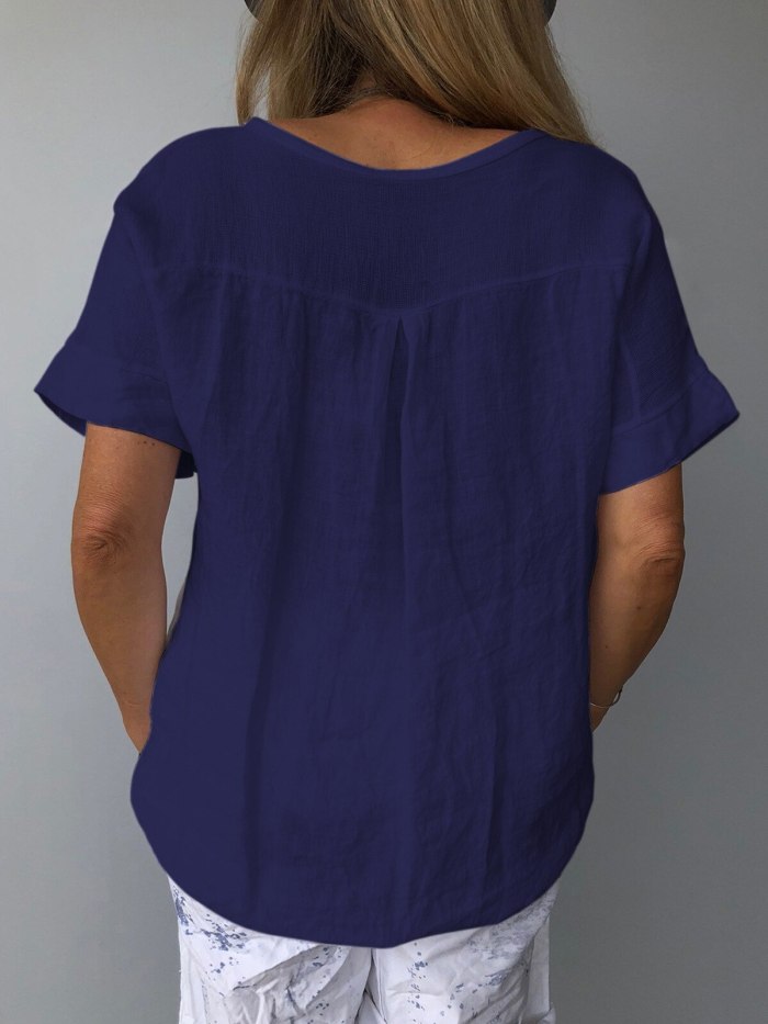 Summer Casual Floral Print Linen Cotton Women Elegant V-Neck Short Sleeve Shirt Plus Size Tops Streetwear 3XL