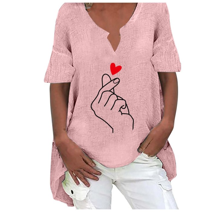 Blouses Women's Shirt Casual Heart Print Short Sleeve Plus Size Cotton And Hemp Top Blouse Women Clothing рубашка женская