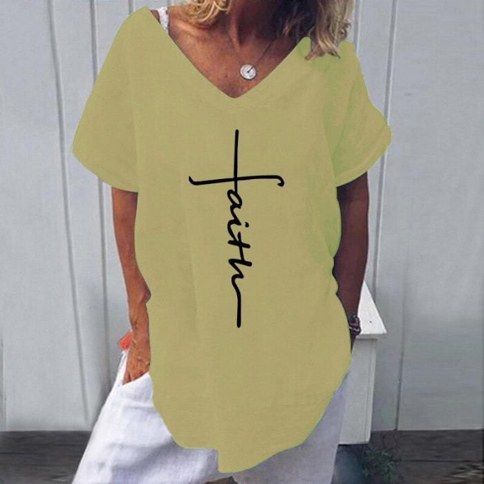 Personality Letter 3D Painting Women Tshirt Summer Sexy V Neck Short Sleeve Cotton Linen Fashion Oversize Ladies Tees Streetwear