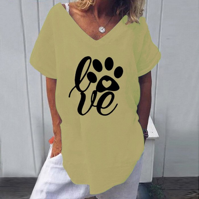 Personality Letter 3D Painting Women Tshirt Summer Sexy V Neck Short Sleeve Cotton Linen Fashion Oversize Ladies Tees Streetwear