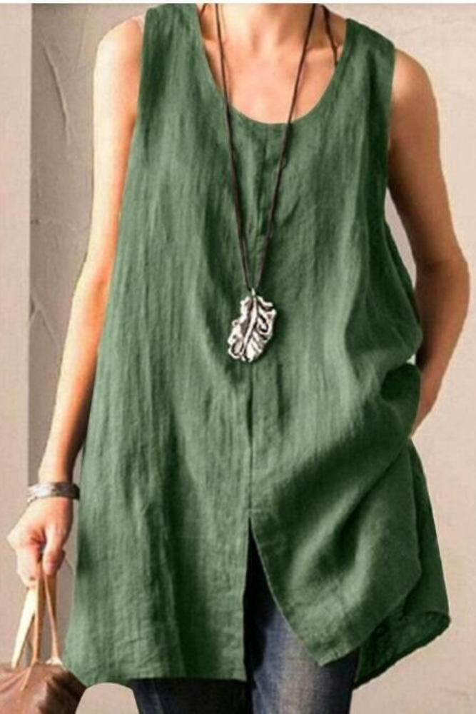 Summer Women Sleeveless Blouse Vintage Tanks Tops Cotton Linen Shirt Female Solid Loose Blusas Plus Size Split Tunic