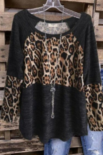 2021 Spring And Autumn Models Leopard Print Stitching Urban Casual Black Three-Quarter Sleeve Pullover Blouse Women T Shirts