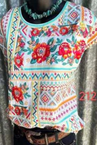 2021 Summer Printed Round Neck Denim Top Pullover Loose Short Sleeve Ladies T-shirt