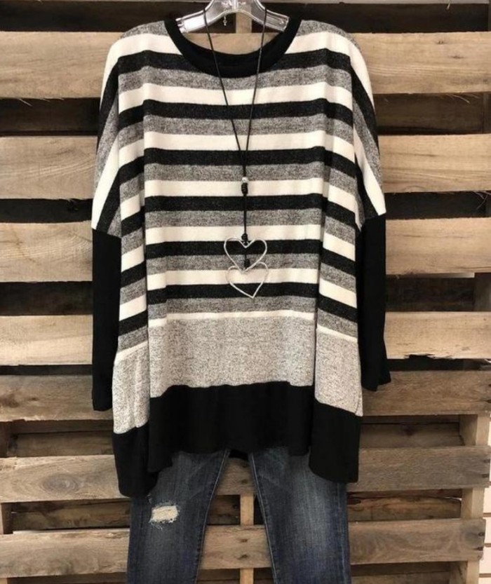 2021 Plus Size Women'S Long-Sleeved Round Neck Cotton Striped Loose Wild Pullover Black T-Shirt
