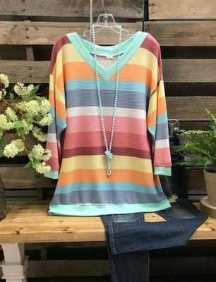 2021 Fall/Winter Plus Size Women'S Long-Sleeved Shirt Striped Loose Rainbow T Shirts
