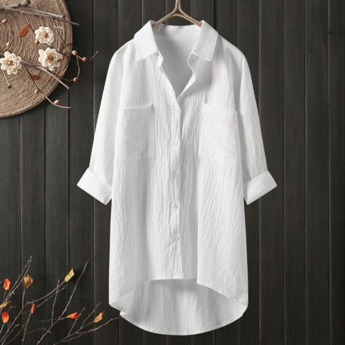 Women Shirt Casual Linen Womens Tops And Blouses Long Sleeve Button Down Shirts Female Elegant Solid White Black Shirts