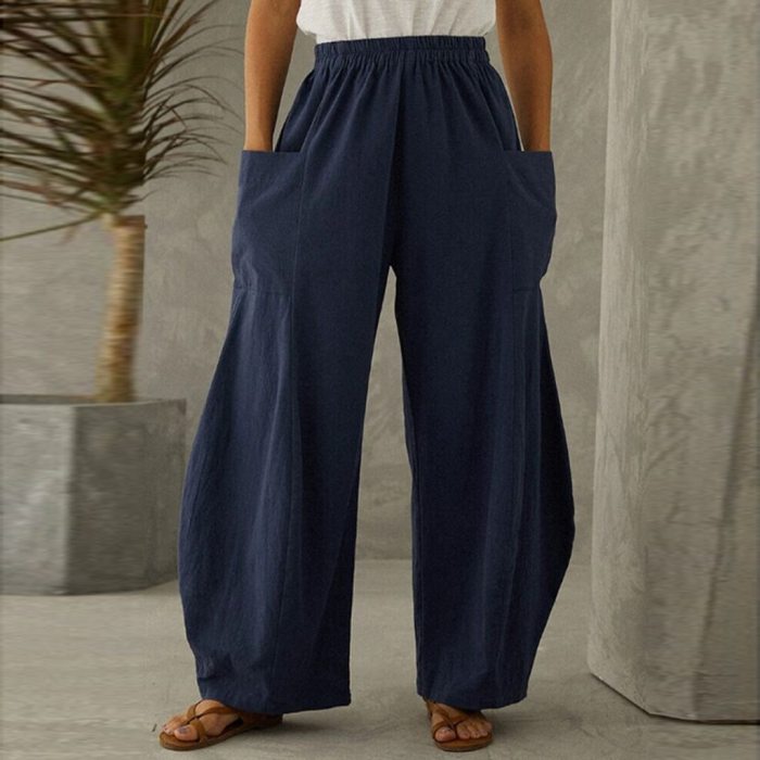 Women Oversize Loose Solid Cotton Linen Wide Leg Pants
