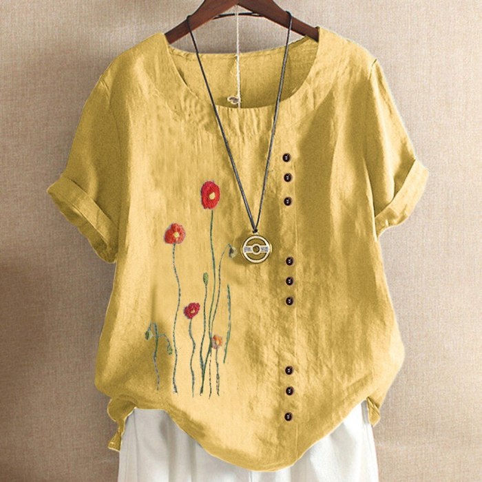 2021 Summer Women T Shirt Cotton Line Short Sleeve O Neck Loose Flower Embroidery T Shirt Harajuku Girls Button Tee Shirt Tops