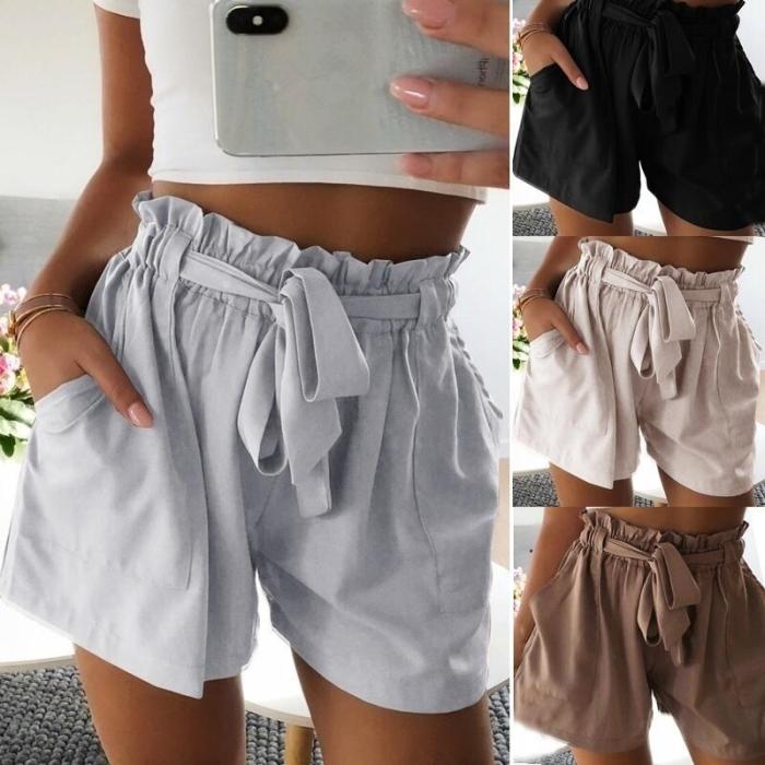 Casual Tie Front Ruffled Waist Paper Bag Shorts