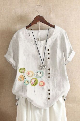 Vintage Women Cotton Linen Tees 2021 Summer Tunic Top Loose Short Sleeve Shirt Boho Buttons Casual Blusas Mujer Plus Size