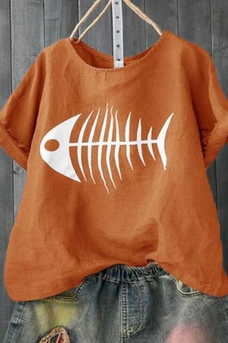 Women Casual T Shirt Fish Bone Print Loose Short Sleeve Shirt Funny Tops Tee Shirts Femme Camisetas Verano Mujer 2021 Tshirt
