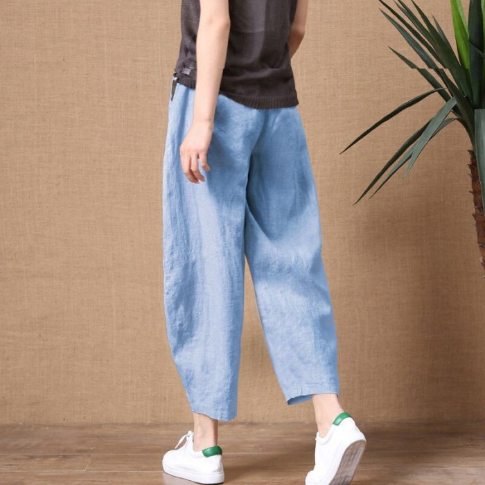 2021 Women Summer Pants Cotton Linen Pants Loose Wide Leg Vinatge Casual Ankle Length Trousers Ladies Elastic Waist Plus Size