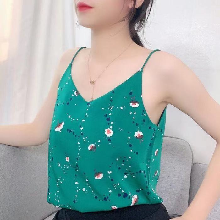 2021 National Style Spring Summer Women Sexy Spaghetti Strap Tank Top Vintage Print Camis Femme chiffon V Neck Tops S808