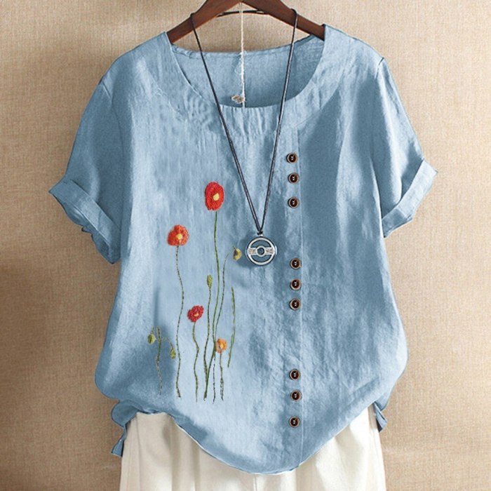 2021 Summer Women T Shirt Cotton Line Short Sleeve O Neck Loose Flower Embroidery T Shirt Harajuku Girls Button Tee Shirt Tops