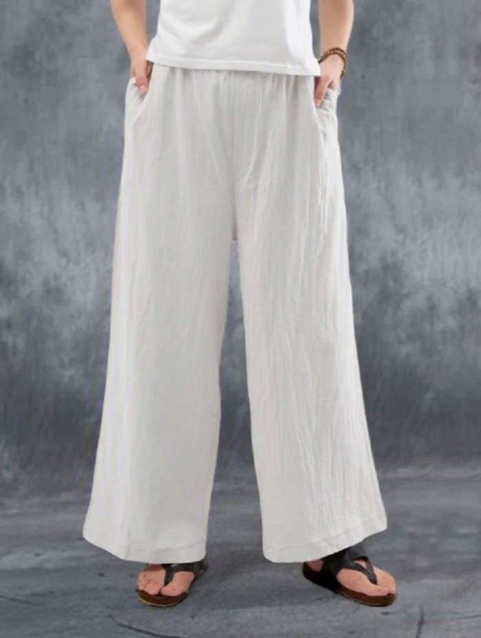Casual Simple Cotton Linen Women's Loose Wide-Leg Pants