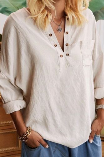 Women T-Shirt Solid Color V Neck Buttons Long Sleeve Loose Tops 2021 Summer Fashion Women Casual Loose Shirts Ropa De Mujer