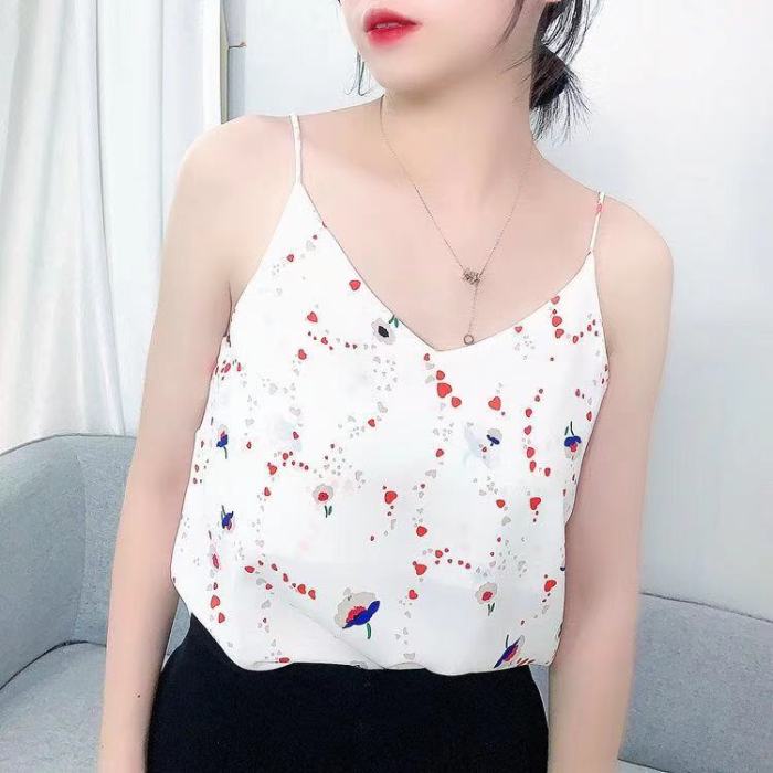 2021 National Style Spring Summer Women Sexy Spaghetti Strap Tank Top Vintage Print Camis Femme chiffon V Neck Tops S808