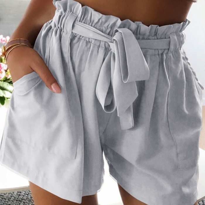 Casual Tie Front Ruffled Waist Paper Bag Shorts Ladies Summer Drawstring Solid Color Mid-waist Shorts Streetwear Cute Shorts