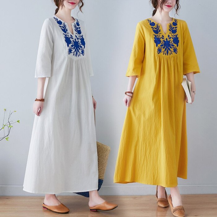 Embroidery Floral Vintage Dress Half Sleeve Loose Spring Summer Dress 2021 New Arrival Plus Size Long Women Travel Casual Dress