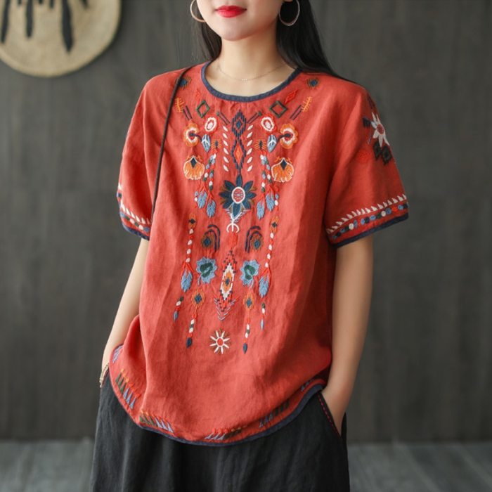 Women Vintage Summer T-Shirts Short Sleeve Loose Soft Linen 2021 New Casual Clothes Female T-shirts Tops