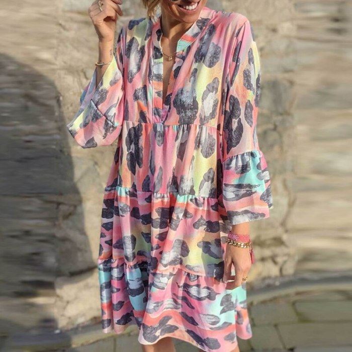 2021 Women Sexy V-Neck Lady Beach Dress Casual Vintage Leopard Print Party Dress Spring Summer Flare Sleeve Loose DressVestidos
