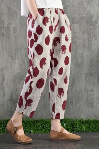 Plus Size Casual Linen Pants 2020 Women's Trousers Vintage Polka Dot Pantalon Female Elastic Waist Printed Turnip Harem Pants