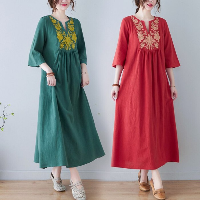 Embroidery Floral Vintage Dress Half Sleeve Loose Spring Summer Dress 2021 New Arrival Plus Size Long Women Travel Casual Dress