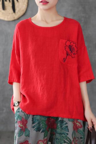 Cotton and Linen New Flower Embroidery Women T-shirt
