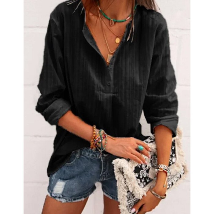 Spring V Neck Solid Shirts Women Casual Long Sleeve Loose Button Tunic Office Lady Tops Minimalist Blusa Feminina Clothing