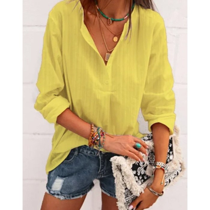 Spring V Neck Solid Shirts Women Casual Long Sleeve Loose Button Tunic Office Lady Tops Minimalist Blusa Feminina Clothing