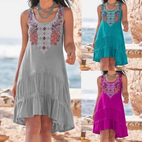 Women's Summer Embroidered Sleeveless Stitching Vacation Dress